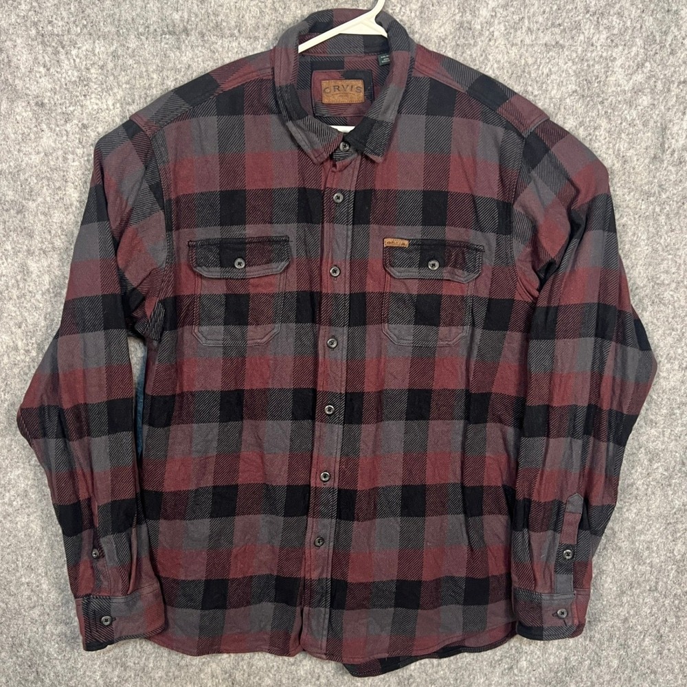 Orvis Men's XXL Flannel Shirt Burgundy Black Plaid Long Sleeve Cotton Button Up